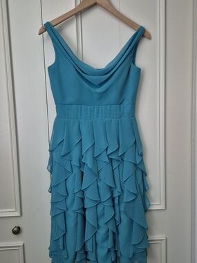 Teal Ruffle Skirt Cowl Neck Women's Dress